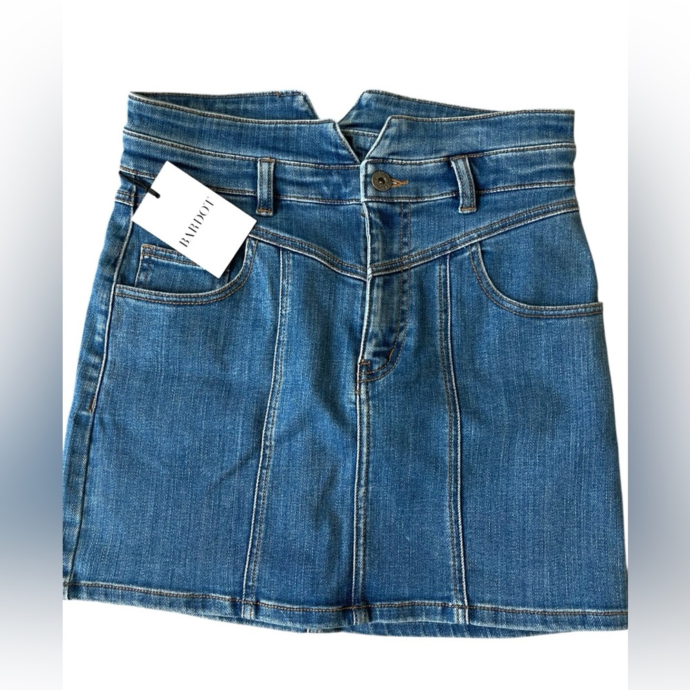 Bardot Spliced Seam Denim Mini Skirt Women’s Size US 30/12Vintage Blue Wash NWT